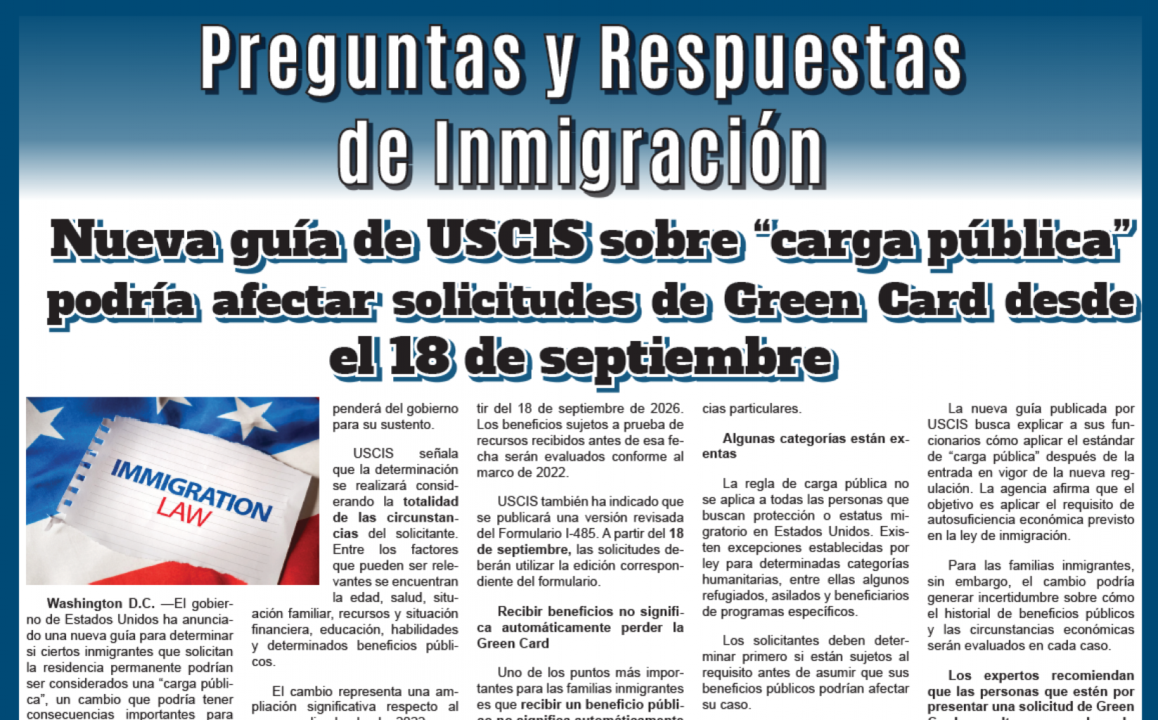 Nueva guía de USCIS sobre “carga pública” podría afectar solicitudes de Green Card desde el 18 de septiembre